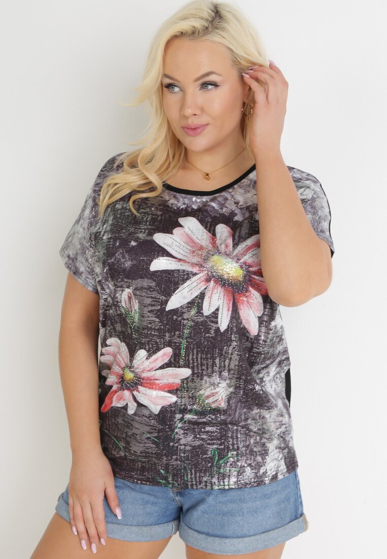 generation Bluză Neagră Oversize cu Imprimeu Metalic Floral cu Zirconii Deqsa