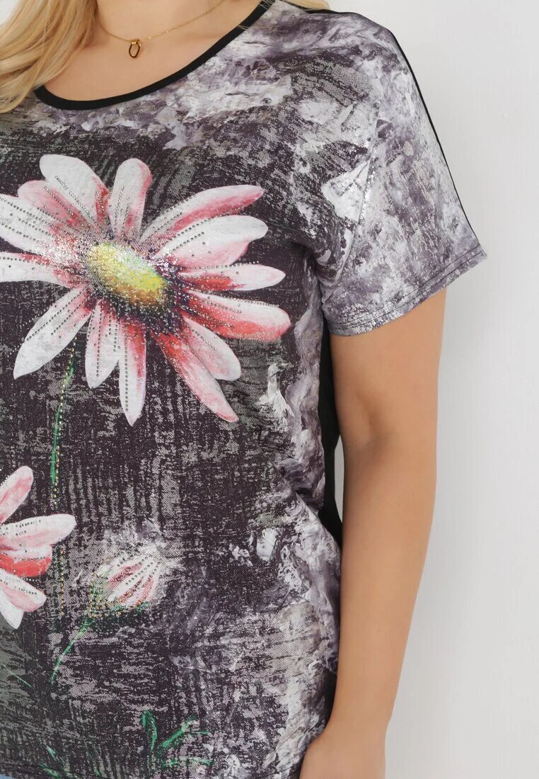 generation Bluză Neagră Oversize cu Imprimeu Metalic Floral cu Zirconii Deqsa