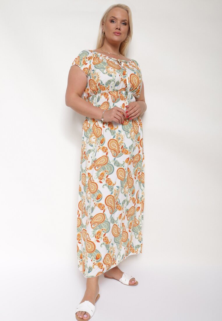 generation Rochie Alb-Portocalie din Bumbac cu Elastic în Talie Zilletta