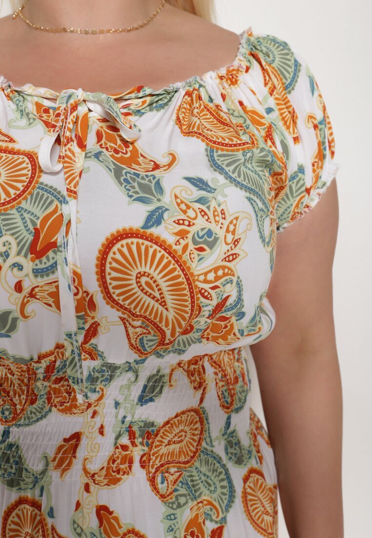 generation Rochie Alb-Portocalie din Bumbac cu Elastic în Talie Zilletta