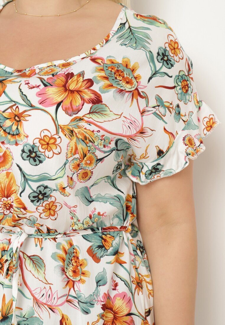 generation Rochie Alb-Verde Din Bumbac Cu imprimeu floral Croi drept Cu șnur în talie Risallise