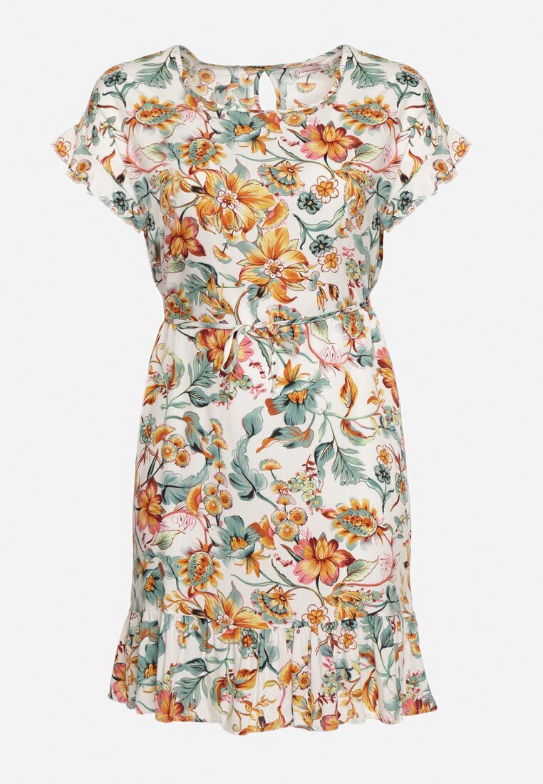 generation Rochie Alb-Verde Din Bumbac Cu imprimeu floral Croi drept Cu șnur în talie Risallise