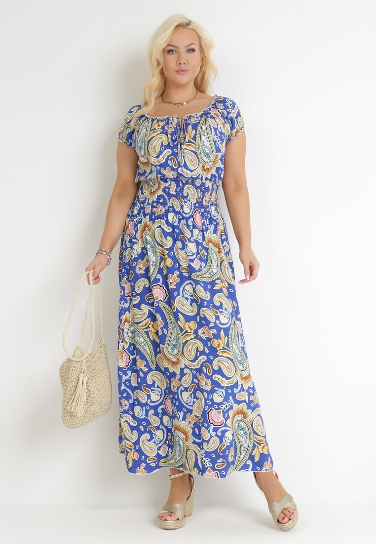 generation Rochie Albastră Evazată tip spaniolă Maxi cu elastic în talie din bumbac Briyenn