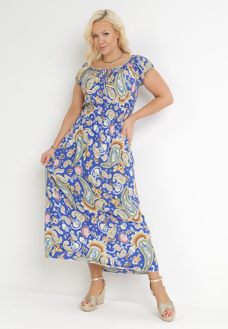 generation Rochie Albastră Evazată tip spaniolă Maxi cu elastic în talie din bumbac Briyenn