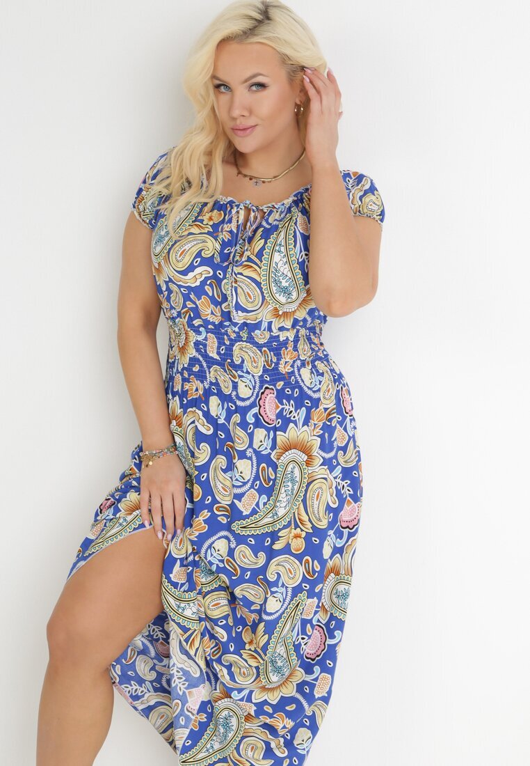 generation Rochie Albastră Evazată tip spaniolă Maxi cu elastic în talie din bumbac Briyenn