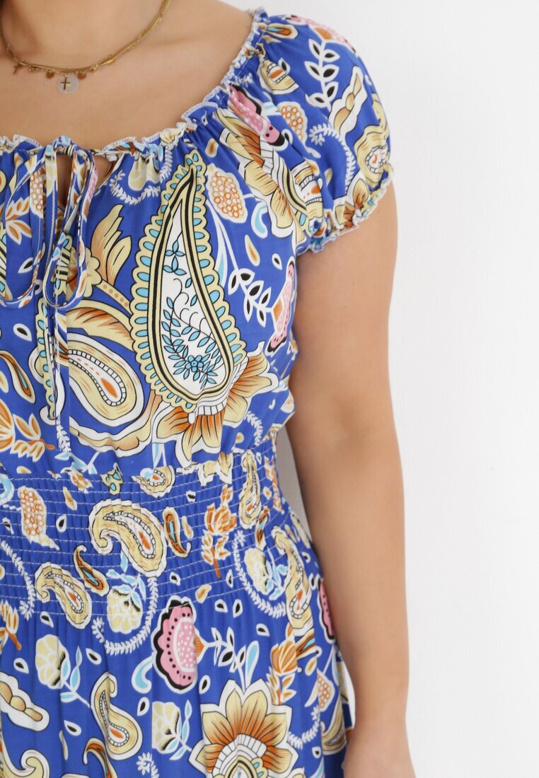 generation Rochie Albastră Evazată tip spaniolă Maxi cu elastic în talie din bumbac Briyenn
