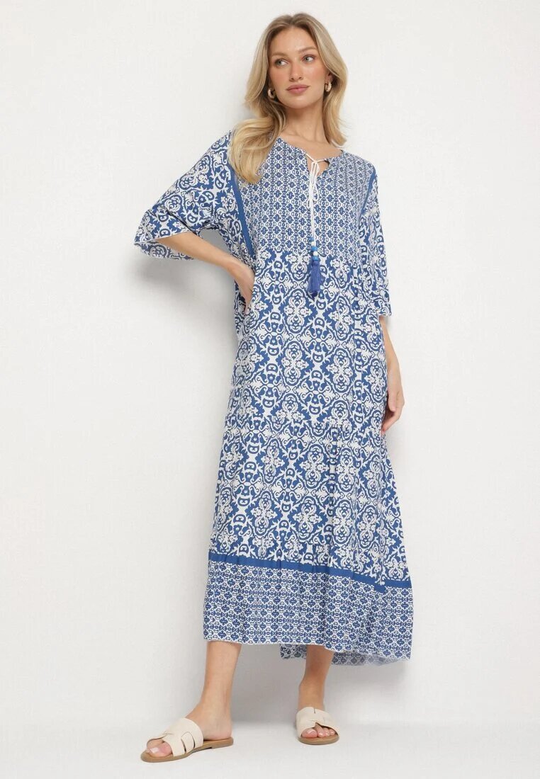 generation Rochie albastru deschis din bumbac stil boho cu legătură la decolteu Orradelle