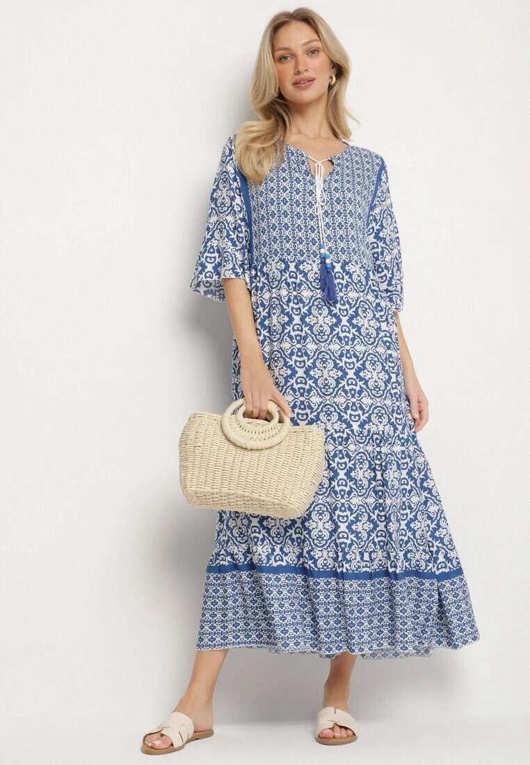 generation Rochie albastru deschis din bumbac stil boho cu legătură la decolteu Orradelle