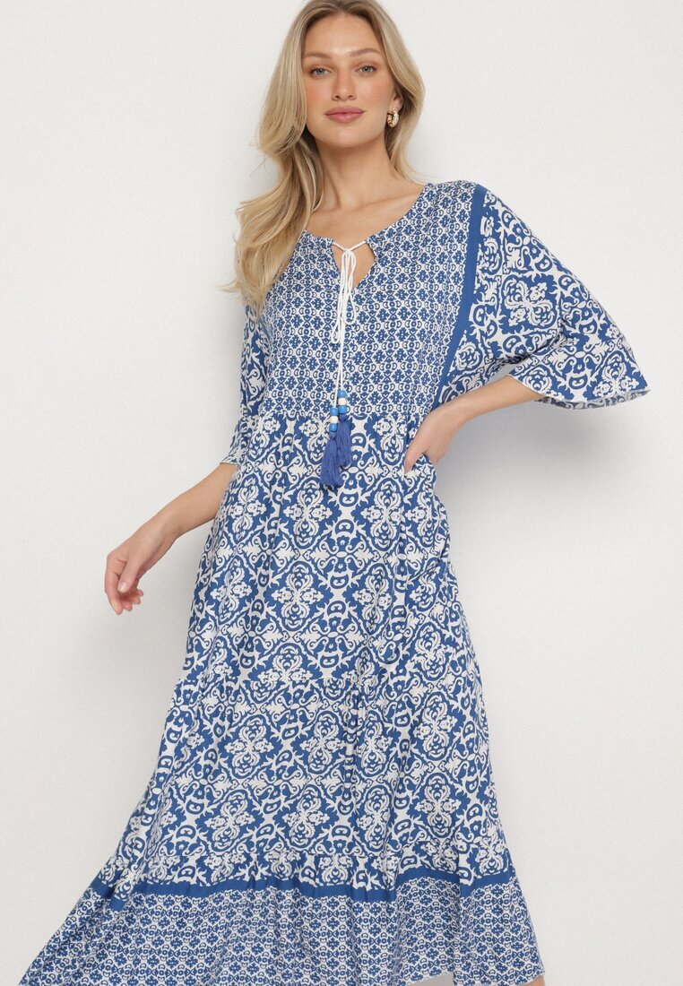 generation Rochie albastru deschis din bumbac stil boho cu legătură la decolteu Orradelle
