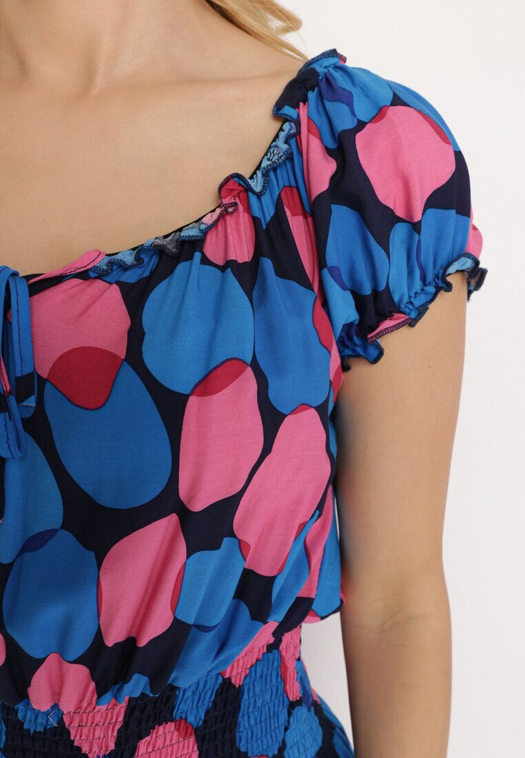 generation Rochie Albastru marin-Roz din bumbac cu elastic la decolteu și în talie Pietricea