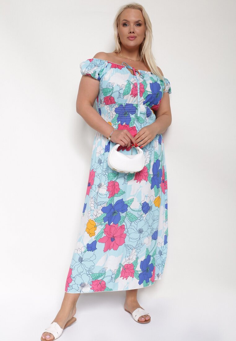 generation Rochie Albastru-Roz din Bumbac cu Croială Evazată cu Elastic în Talie Euretta