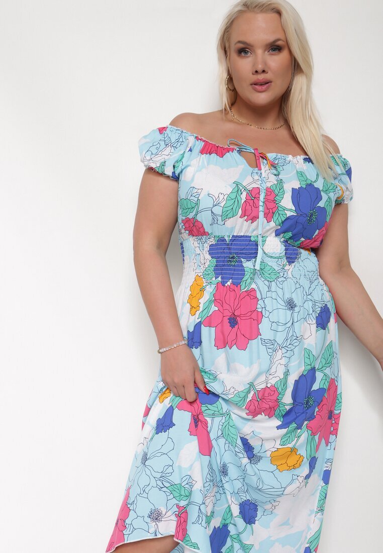 generation Rochie Albastru-Roz din Bumbac cu Croială Evazată cu Elastic în Talie Euretta