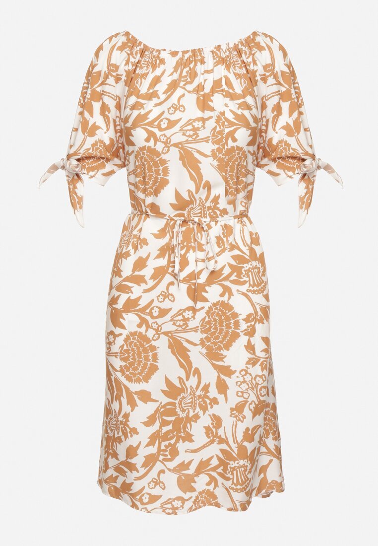 generation Rochie Bej de Bumbac cu Plante Ornamentale și Legătură la Mâneci Tosvena