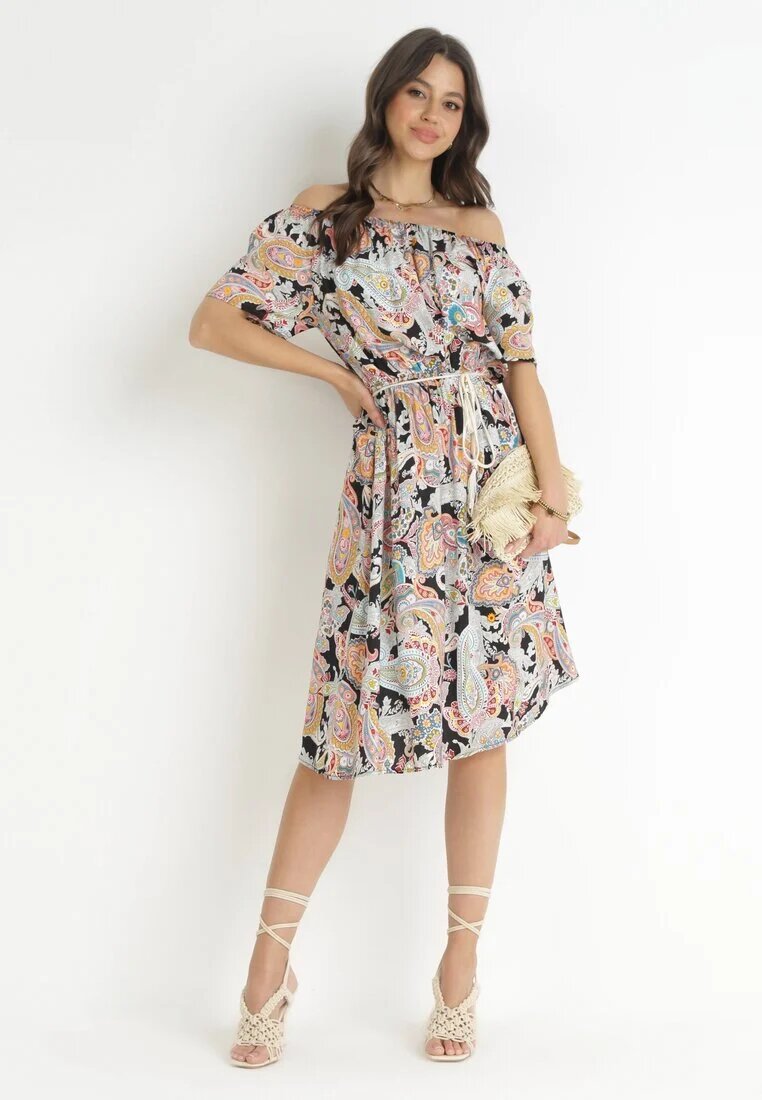 generation Rochie Bej-Neagră Din bumbac Stil spaniol Cu model Paisley Rosalita