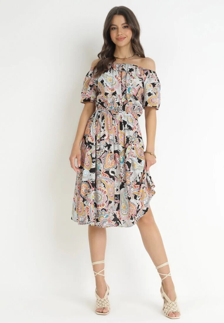 generation Rochie Bej-Neagră Din bumbac Stil spaniol Cu model Paisley Rosalita