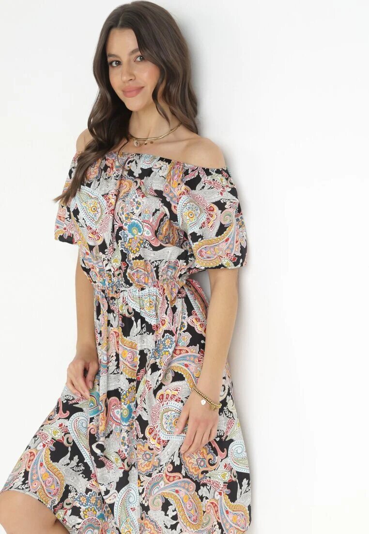 generation Rochie Bej-Neagră Din bumbac Stil spaniol Cu model Paisley Rosalita