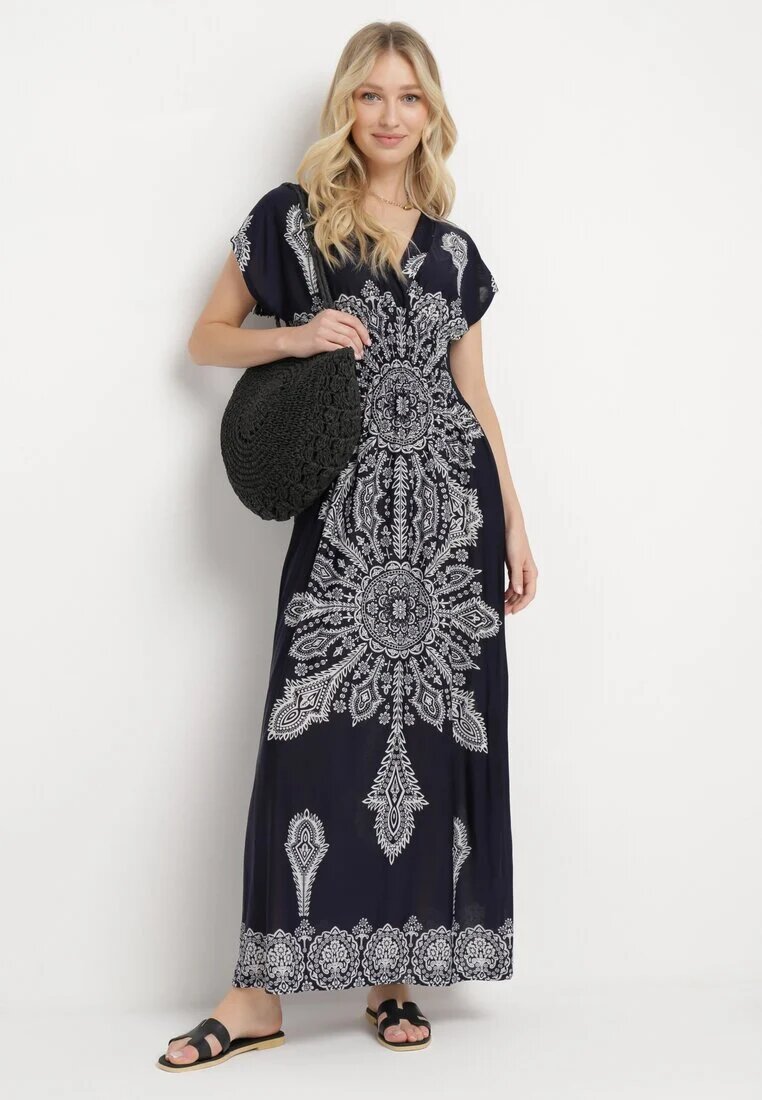 generation Rochie bleumarin cu model ornamental cu decolteu petrecut și elastic în talie Elasevia