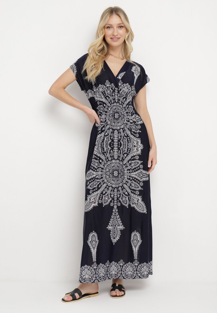 generation Rochie bleumarin cu model ornamental cu decolteu petrecut și elastic în talie Elasevia