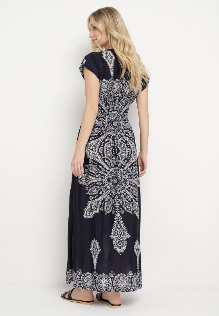 generation Rochie bleumarin cu model ornamental cu decolteu petrecut și elastic în talie Elasevia