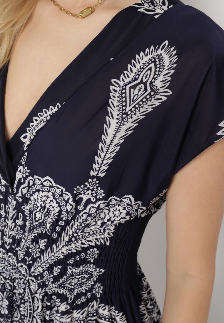 generation Rochie bleumarin cu model ornamental cu decolteu petrecut și elastic în talie Elasevia