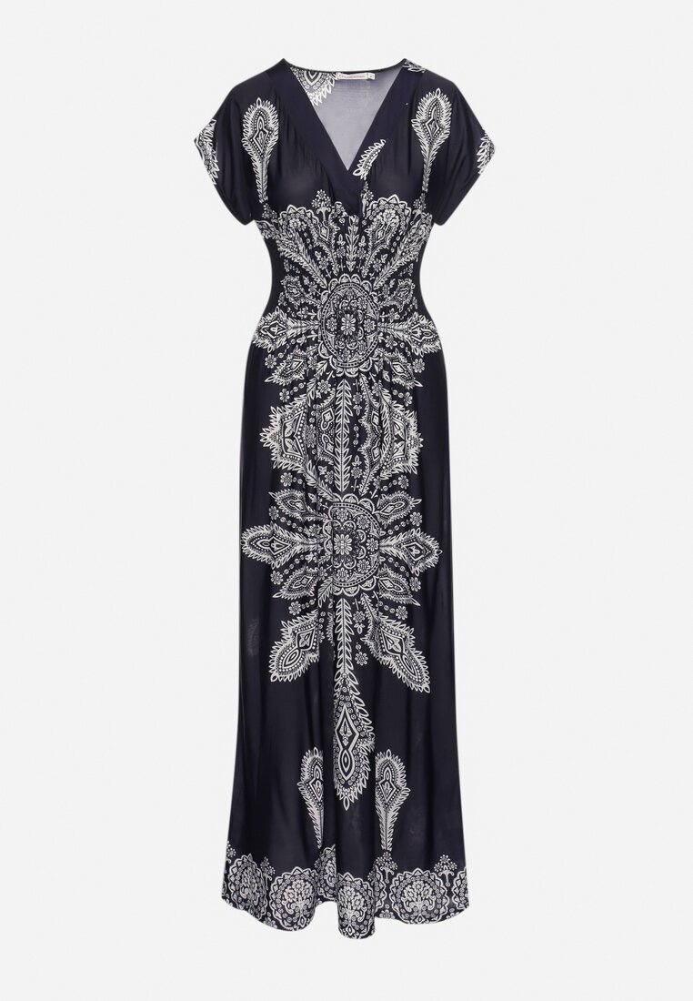 generation Rochie bleumarin cu model ornamental cu decolteu petrecut și elastic în talie Elasevia