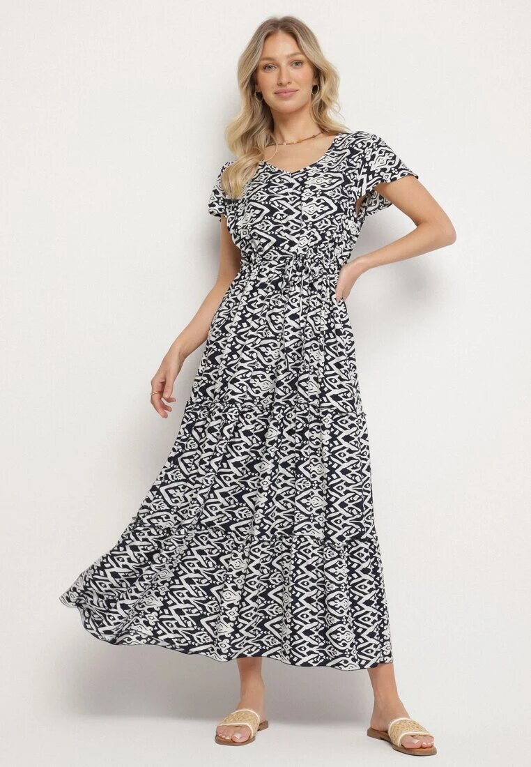 generation Rochie Bleumarin de Bumbac Decorată cu Model Aztec cu Șnur în Talie Orrialle
