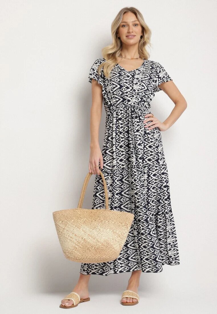 generation Rochie Bleumarin de Bumbac Decorată cu Model Aztec cu Șnur în Talie Orrialle