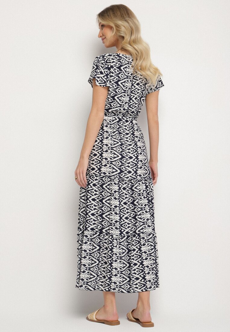 generation Rochie Bleumarin de Bumbac Decorată cu Model Aztec cu Șnur în Talie Orrialle