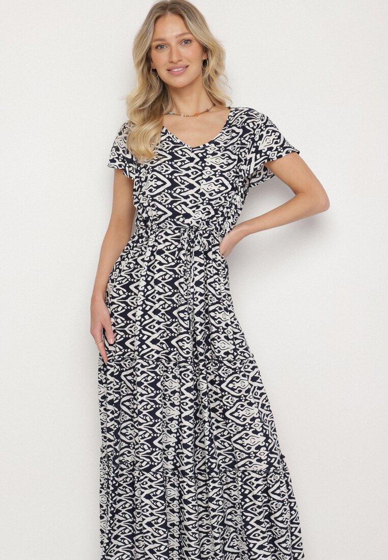 generation Rochie Bleumarin de Bumbac Decorată cu Model Aztec cu Șnur în Talie Orrialle
