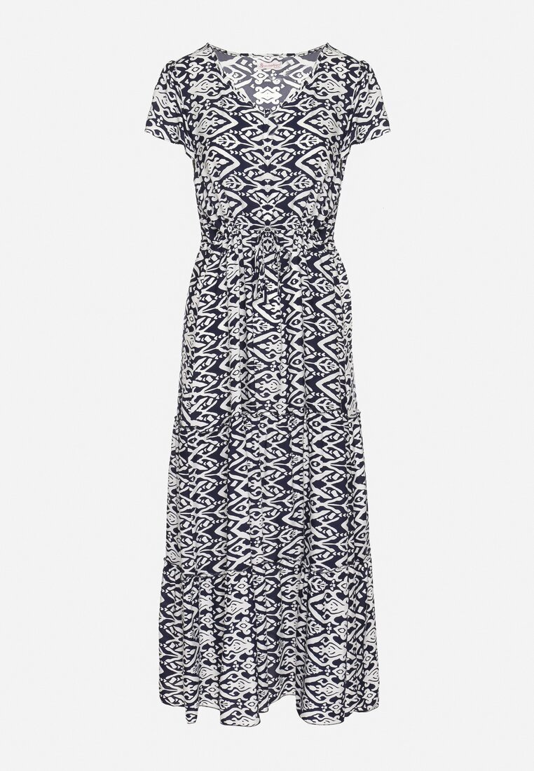 generation Rochie Bleumarin de Bumbac Decorată cu Model Aztec cu Șnur în Talie Orrialle