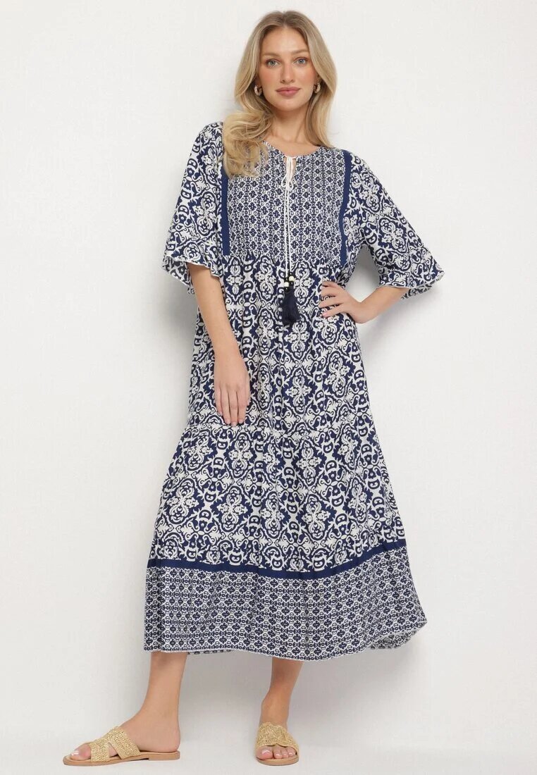 generation Rochie bleumarin din bumbac stil boho cu legătură la decolteu Orradelle