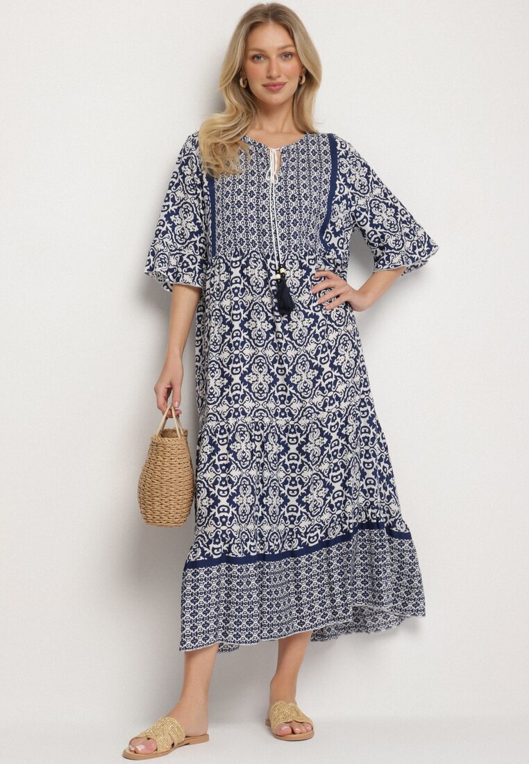 generation Rochie bleumarin din bumbac stil boho cu legătură la decolteu Orradelle
