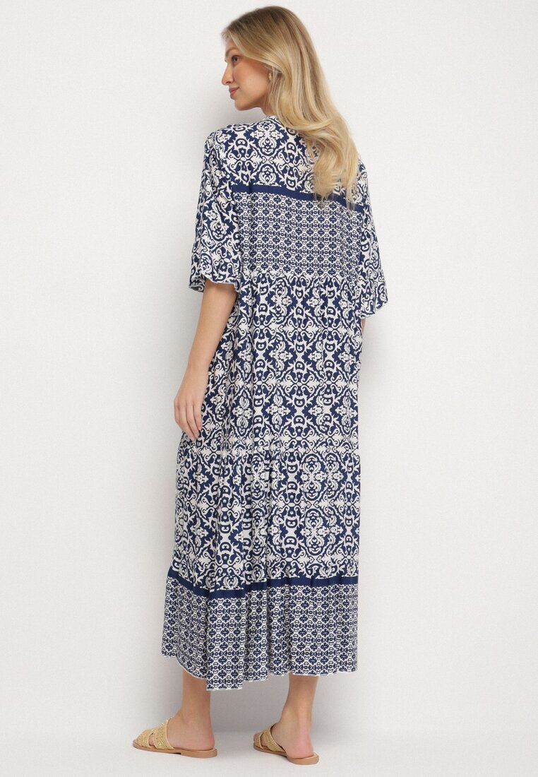 generation Rochie bleumarin din bumbac stil boho cu legătură la decolteu Orradelle