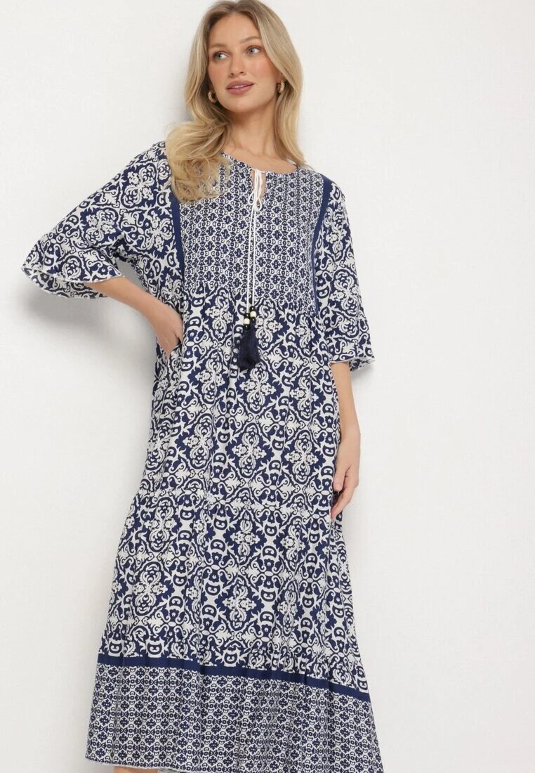generation Rochie bleumarin din bumbac stil boho cu legătură la decolteu Orradelle