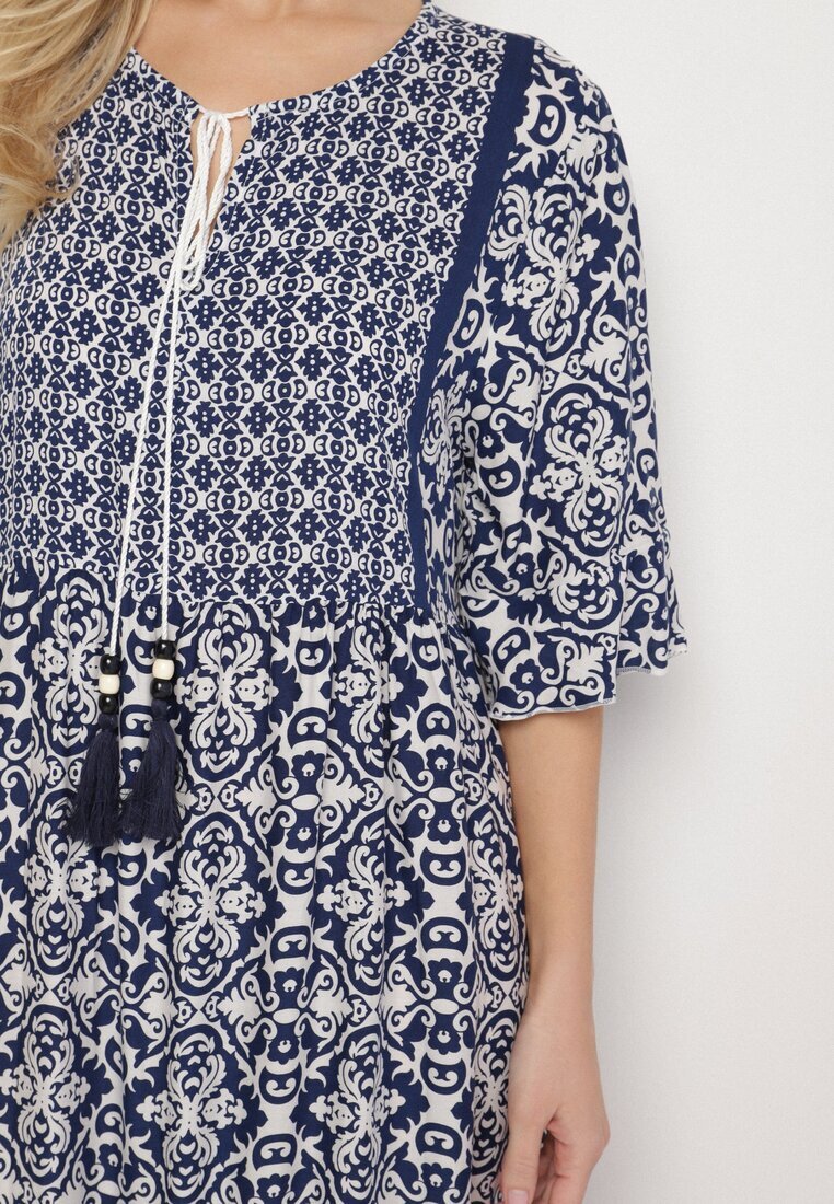 generation Rochie bleumarin din bumbac stil boho cu legătură la decolteu Orradelle