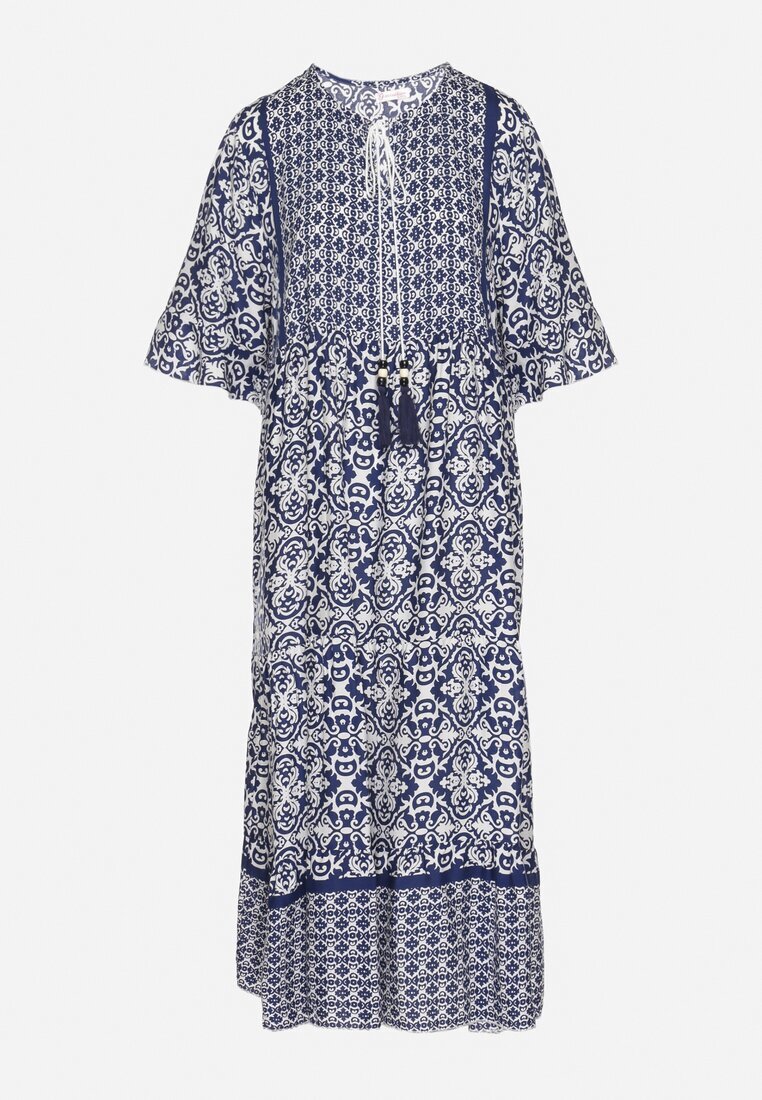 generation Rochie bleumarin din bumbac stil boho cu legătură la decolteu Orradelle