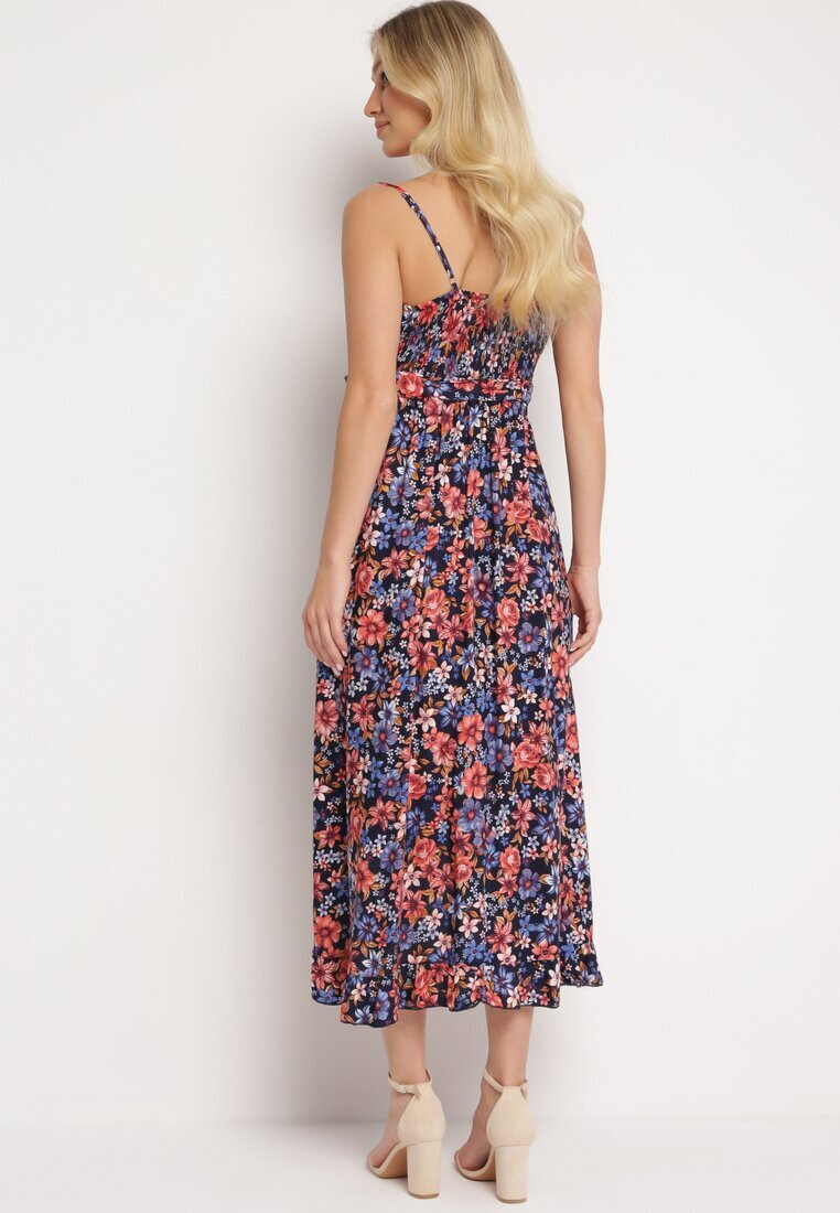 generation Rochie bleumarin-roșie din bumbac petrecută cu bretele subțiri cu imprimeu floral Rissamira