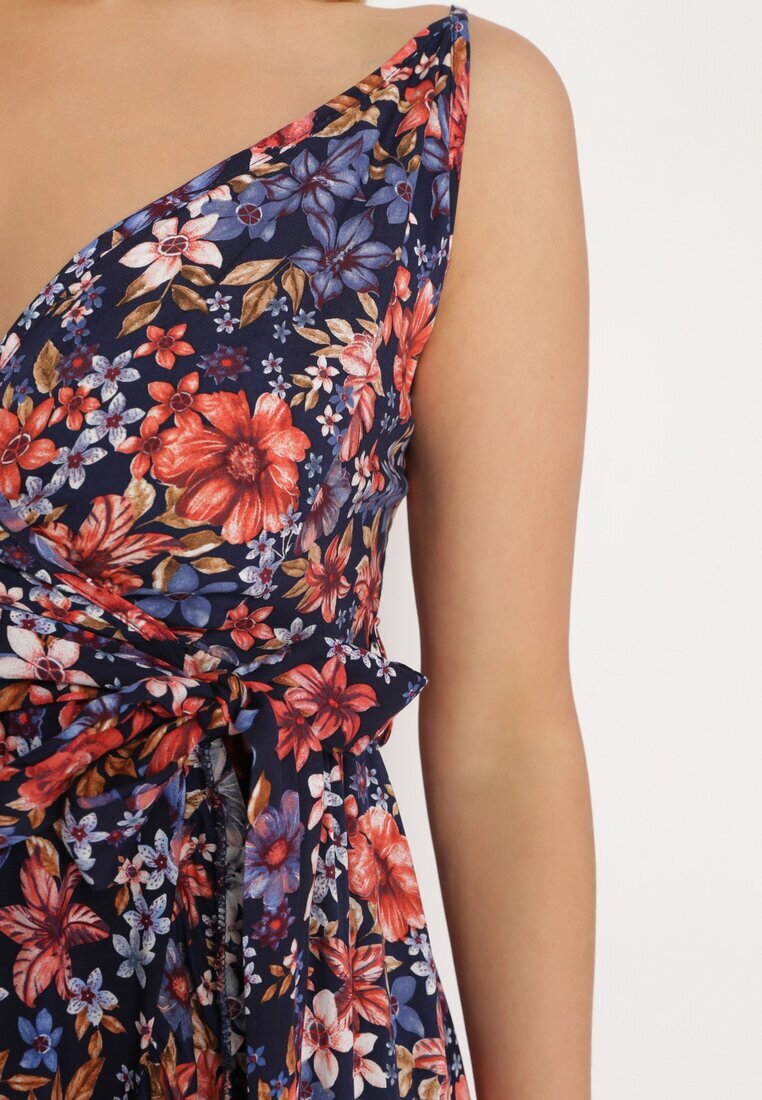 generation Rochie bleumarin-roșie din bumbac petrecută cu bretele subțiri cu imprimeu floral Rissamira