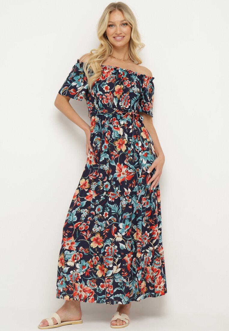 generation Rochie bleumarin-roz cu decolteu spaniol cu curea legată cu flori din bumbac Rissanique
