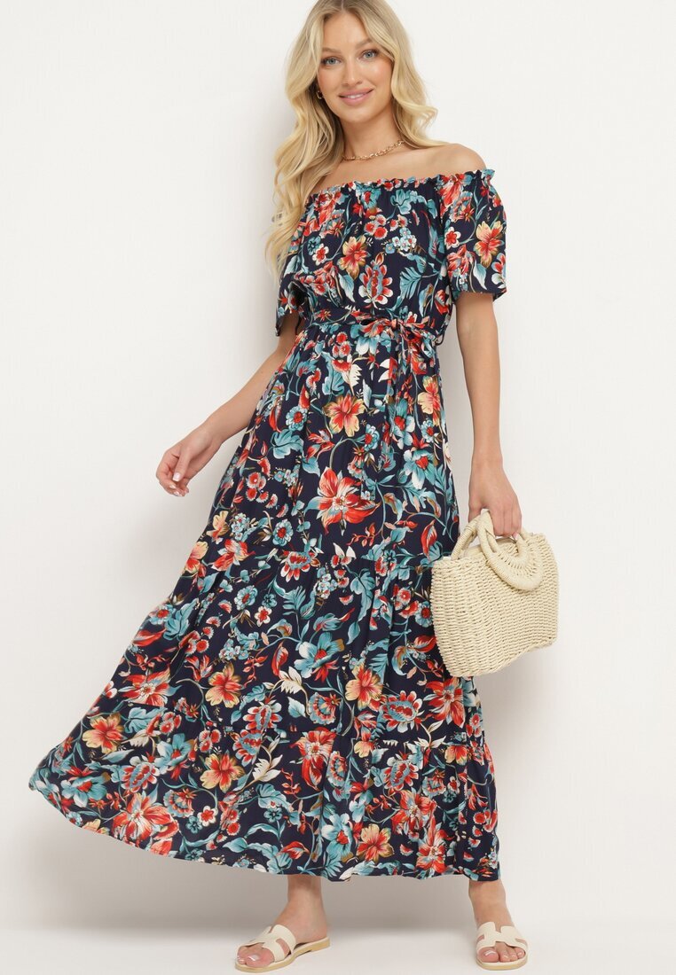 generation Rochie bleumarin-roz cu decolteu spaniol cu curea legată cu flori din bumbac Rissanique