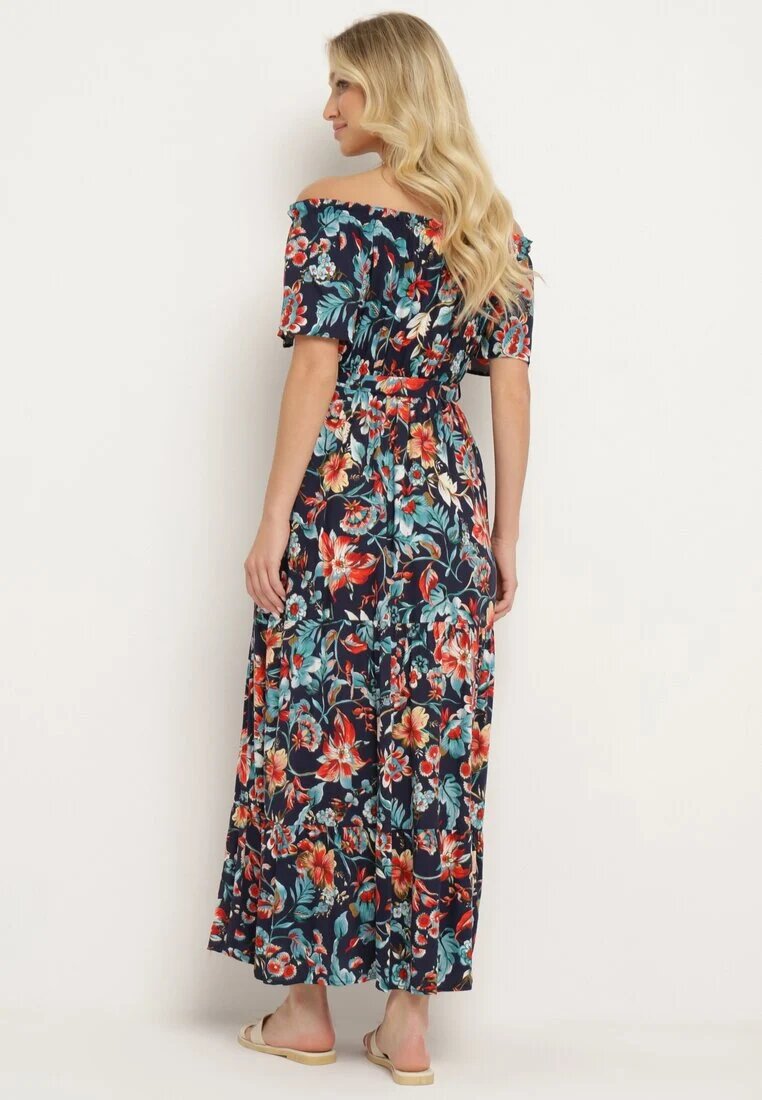 generation Rochie bleumarin-roz cu decolteu spaniol cu curea legată cu flori din bumbac Rissanique