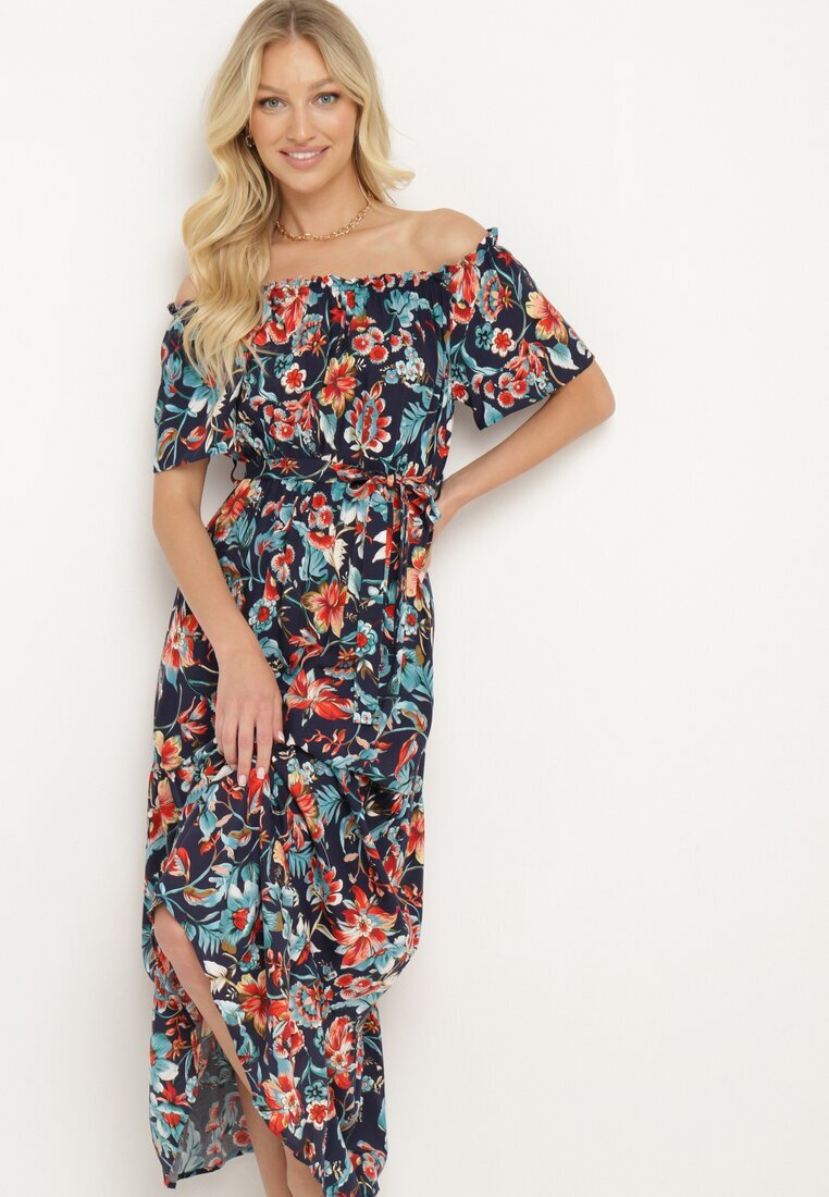 generation Rochie bleumarin-roz cu decolteu spaniol cu curea legată cu flori din bumbac Rissanique