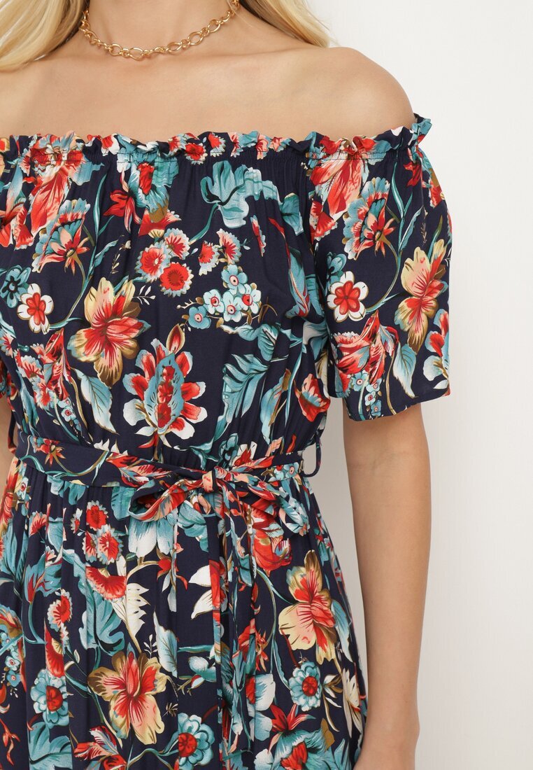 generation Rochie bleumarin-roz cu decolteu spaniol cu curea legată cu flori din bumbac Rissanique
