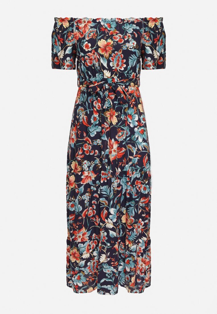 generation Rochie bleumarin-roz cu decolteu spaniol cu curea legată cu flori din bumbac Rissanique