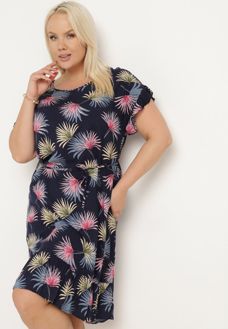 generation Rochie bleumarin-roz din bumbac cu motiv floral și legătură în talie Rissani