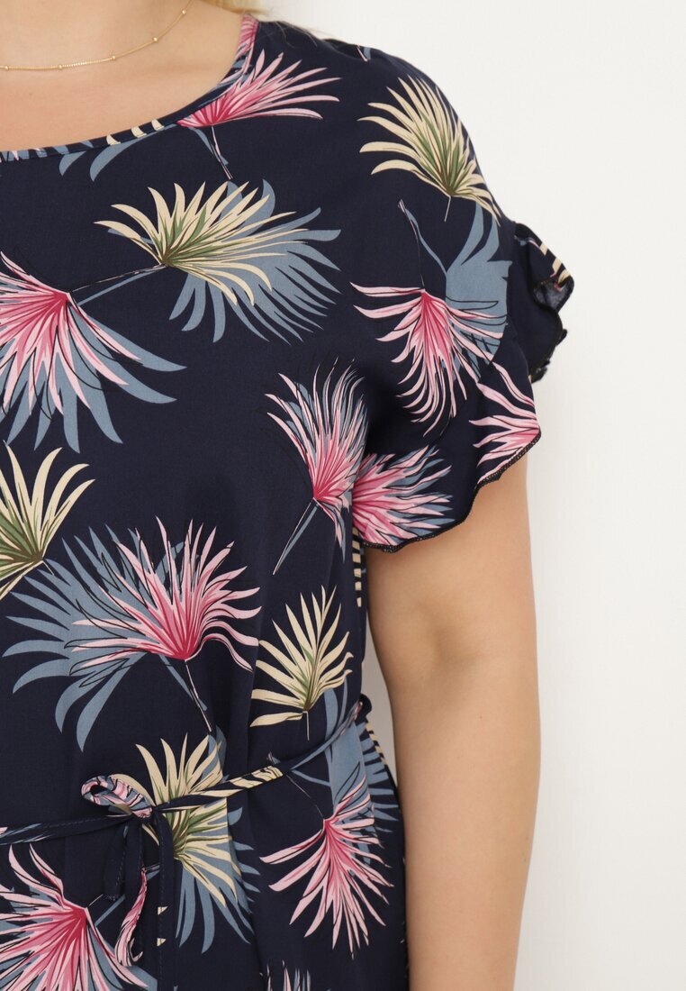 generation Rochie bleumarin-roz din bumbac cu motiv floral și legătură în talie Rissani