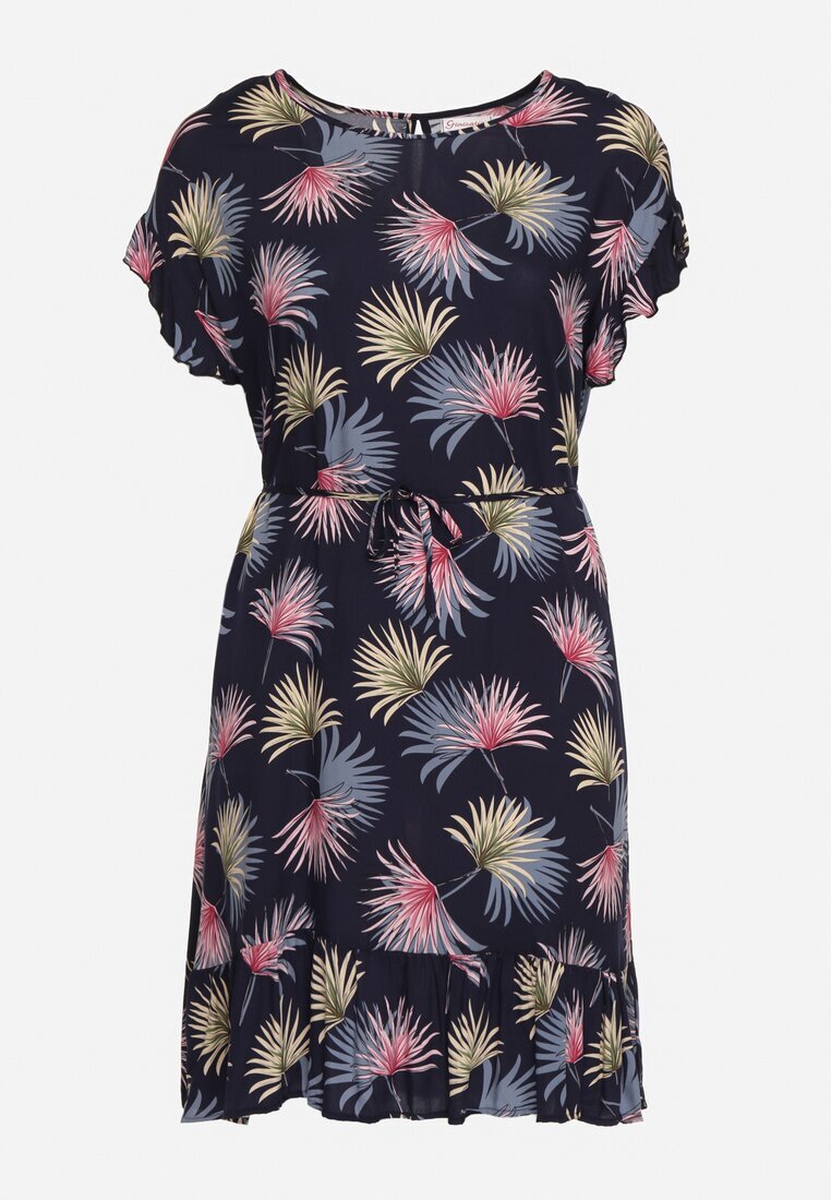generation Rochie bleumarin-roz din bumbac cu motiv floral și legătură în talie Rissani