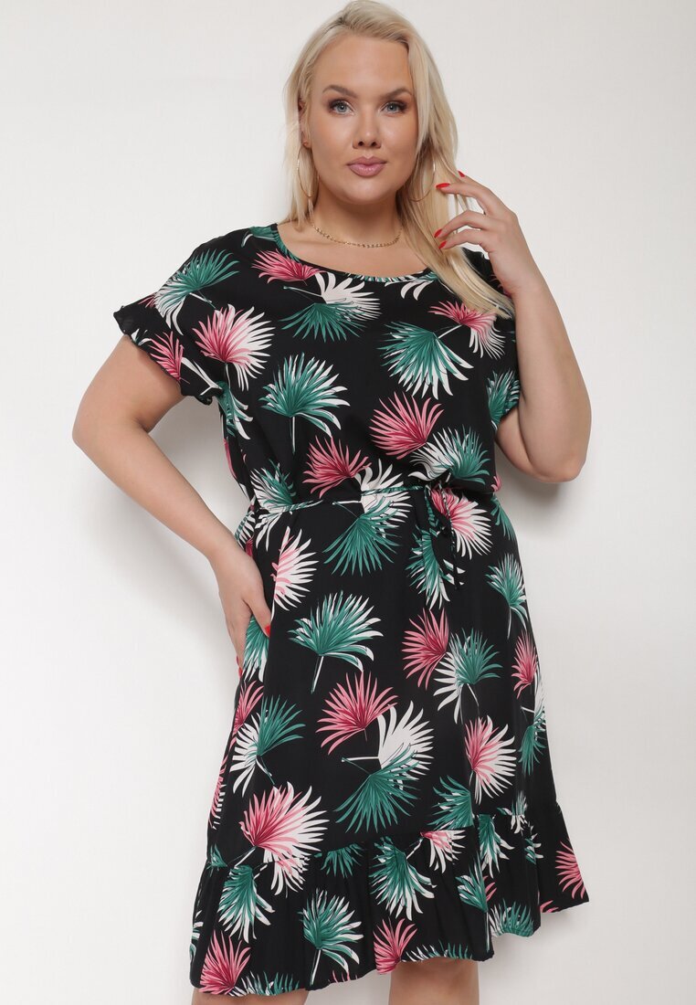 generation Rochie de Bumbac Negru-Verde cu Motiv Floral și Legătură în Talie Rissani