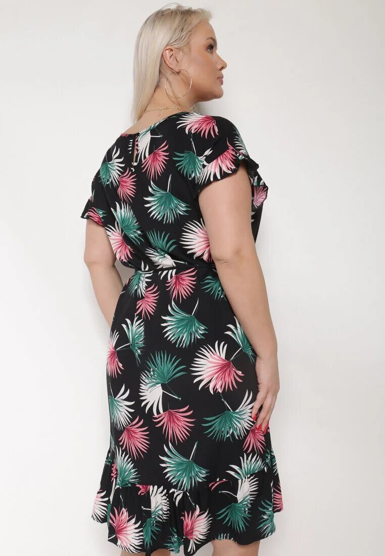 generation Rochie de Bumbac Negru-Verde cu Motiv Floral și Legătură în Talie Rissani