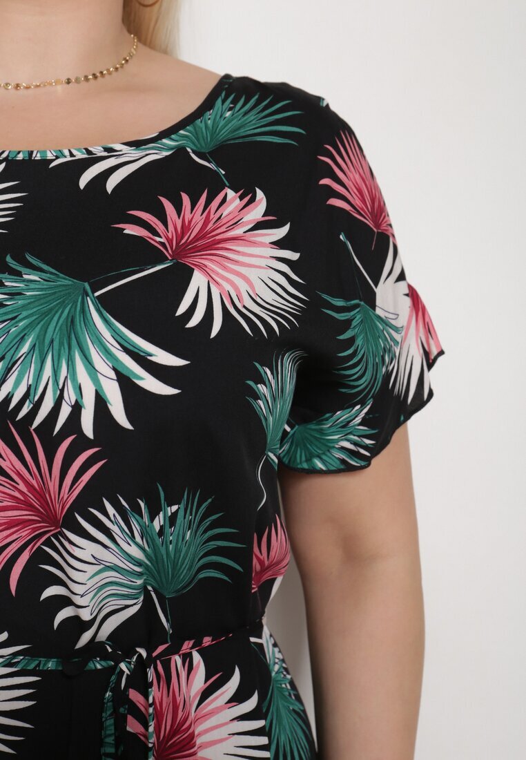 generation Rochie de Bumbac Negru-Verde cu Motiv Floral și Legătură în Talie Rissani